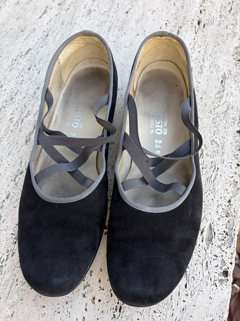 Mephisto Black Nubuck Flats w Grey Elastic Criss Cross Straps Size US 11 EUR 8.5